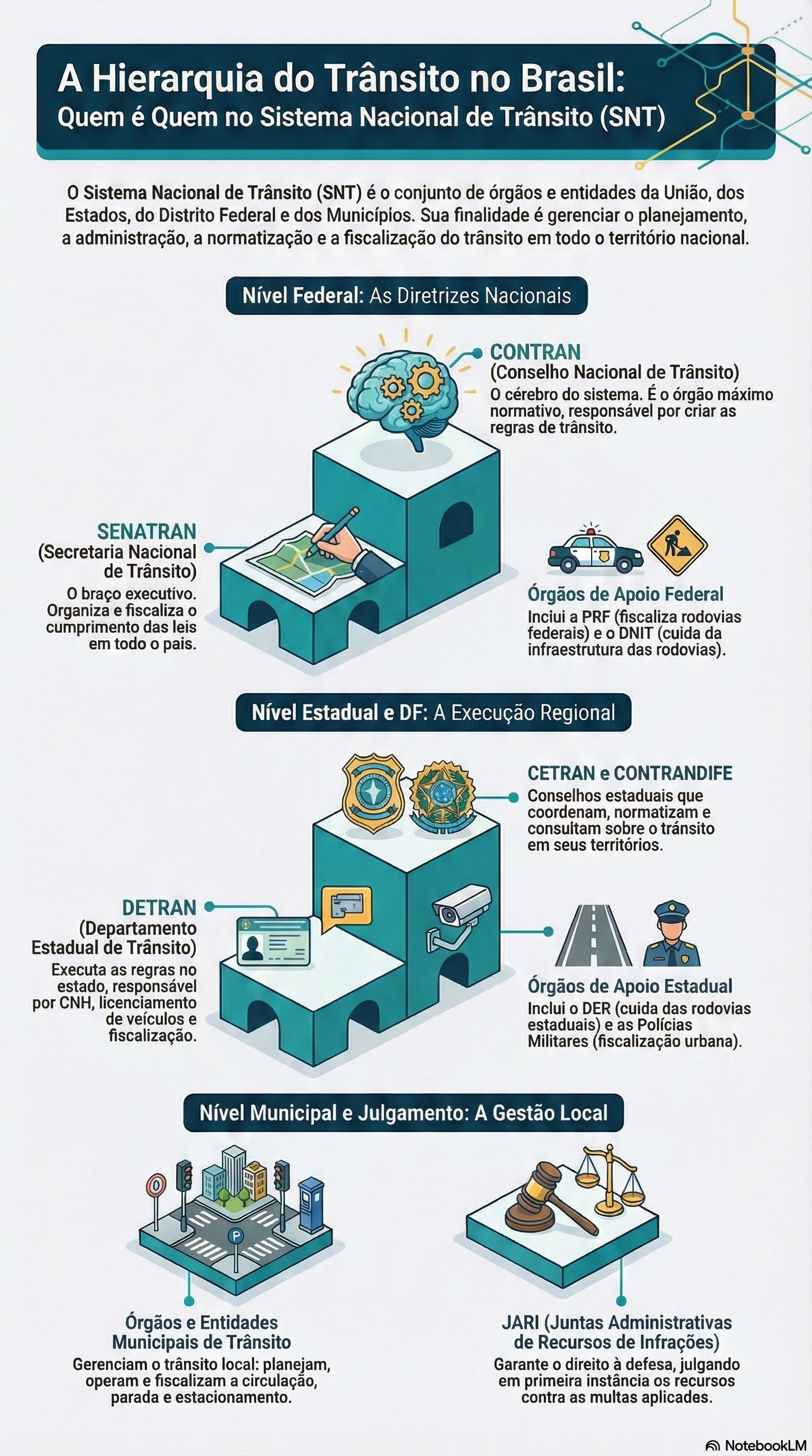 Infográfico mostrando a hierarquia do Sistema Nacional de Trânsito no Brasil
